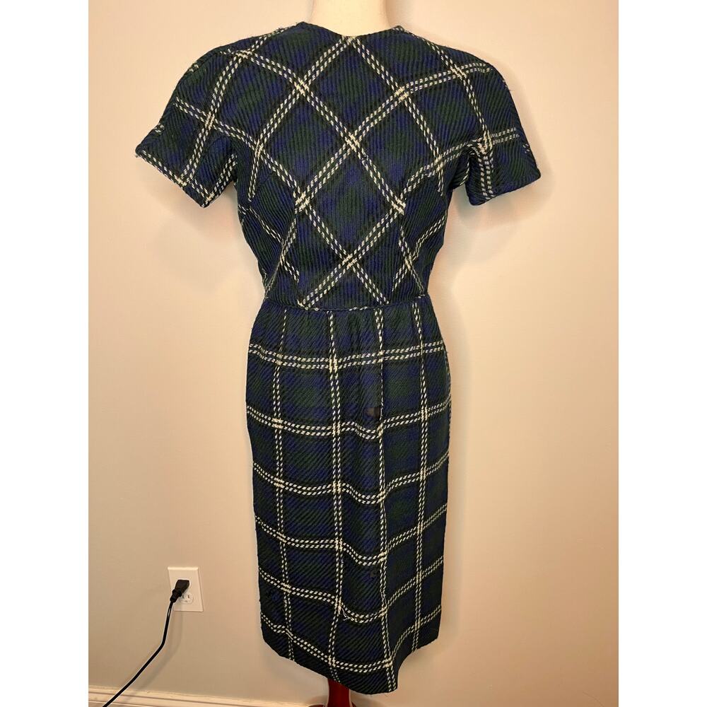 1950s Robbie Reid Black Watch Plaid Green Blue Christmas Wool Rockabilly Dress S